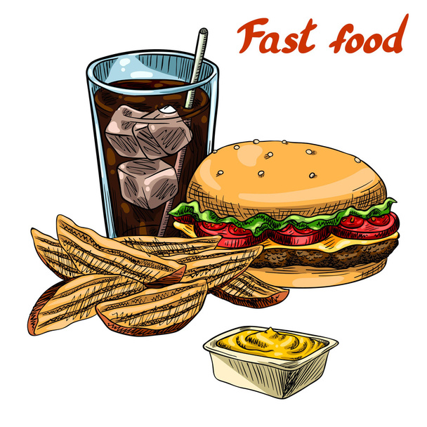 Fast food. Burger, burgonya ékek és egy kólát, jéggel - Vektor, kép