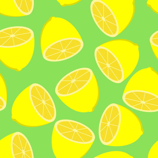 Seamless green background with a pattern of yellow lemons - Vector, Image