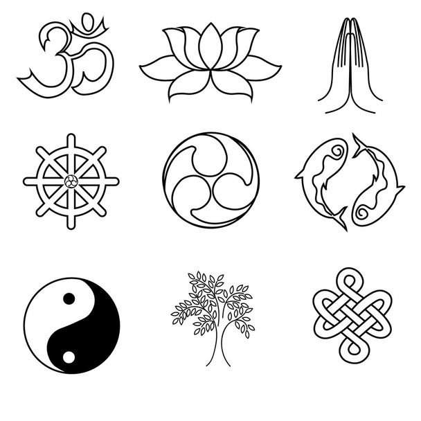 Ένα σύνολο θρησκευτικών συμβόλων-Βουδισμός. Μαύρες σιλουέτες απομονωμένες σε λευκό φόντο - Διάνυσμα, εικόνα