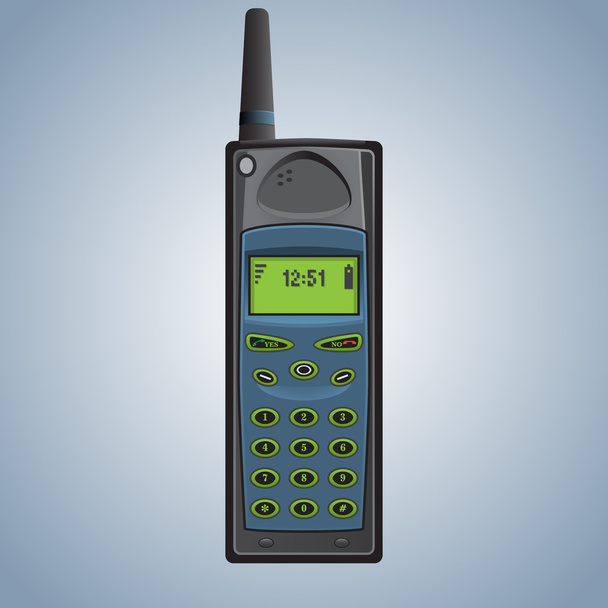 Old cell phone with antenna and a green screen - Vector, Image