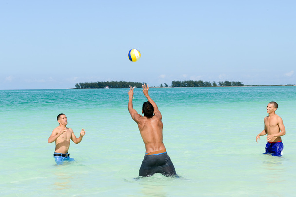 Ludzi grających w piłce siatkowej w czystej wodzie Cayo Guillermo Beach - Zdjęcie, obraz