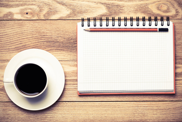 blank notepad with cup of coffee - Fotoğraf, Görsel