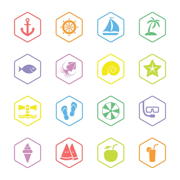 colorful flat beach and summer icon set with hexagon frame - Vector, imagen