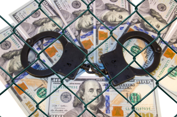 Metal handcuffs on the background of dollars under wire netting (lattice) - Photo, Image