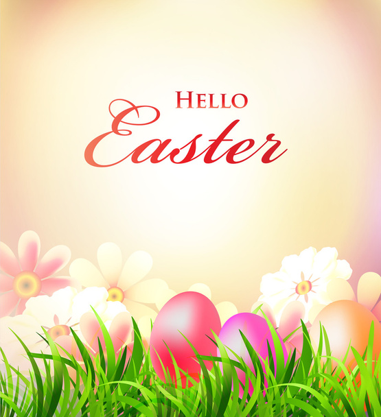 tarjeta de felicitación de Pascua con coloridos huevos y flores - Vector, imagen