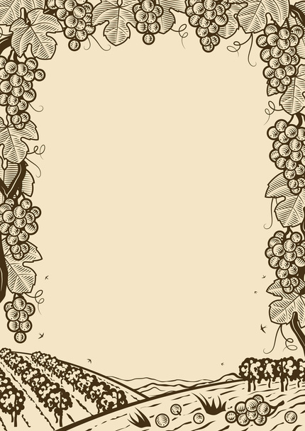 Retro grapes vertical brown frame - Vector, Image