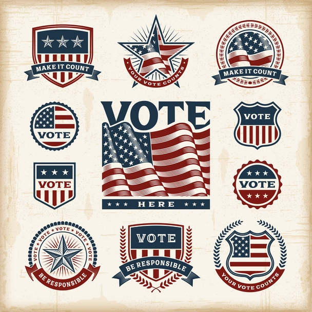 Set de etiquetas e insignias electorales Vintage USA
 - Vector, Imagen