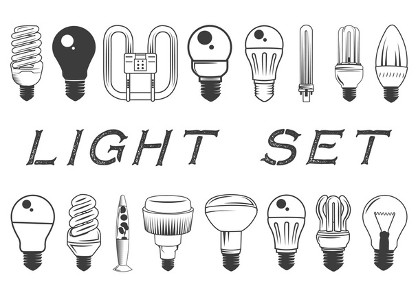 Vector set of light bulbs isolated on white background. Illustration in vintage style. Icons and design elements collection - Vector, Imagen