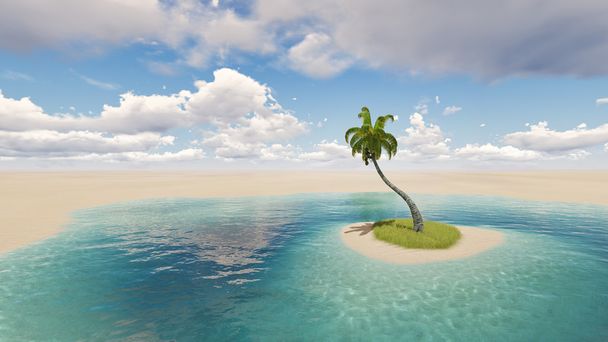 Oaza z jeziorem i palmowe drzewo na pustyni - Zdjęcie, obraz