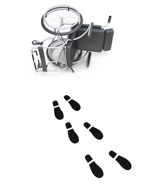 Umgestürzter Rollstuhl und Fußabdrücke auf weißem Hintergrund. 3d ren - Foto, Bild
