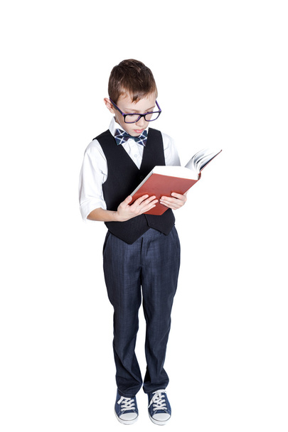 Schoolboy with book isolated on white background - Foto, Imagen
