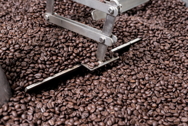 Série café : Gros plan de grains de café torréfiés dans le rack de refroidissement
 - Photo, image