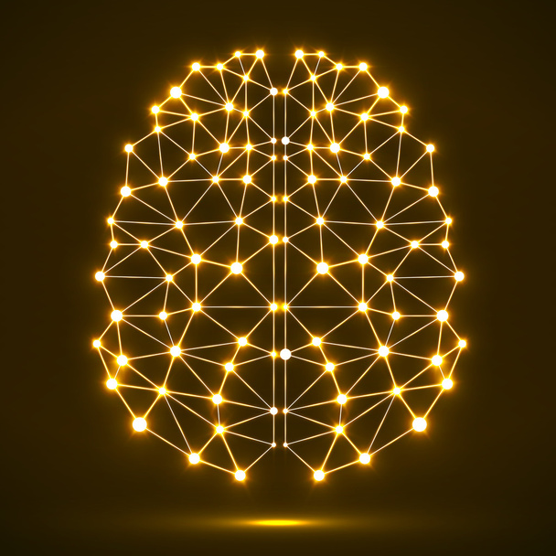Abstract polygonal brain with glowing dots and lines, network connections - Vector, Image