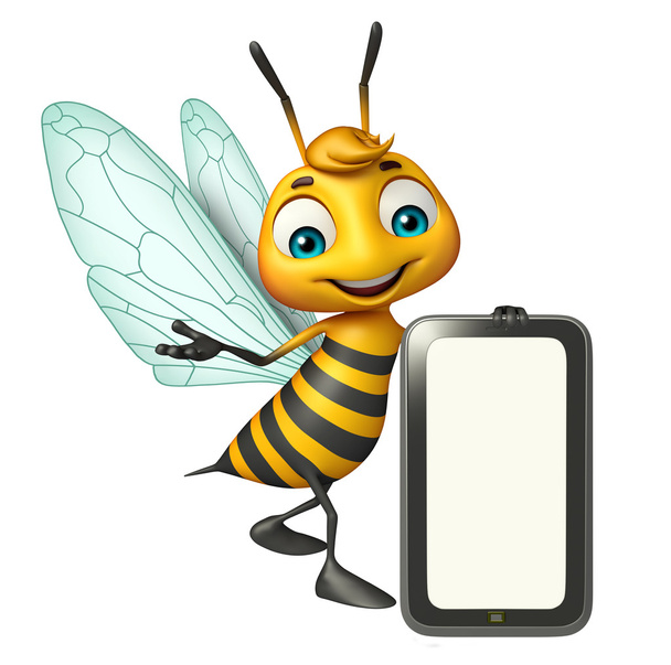 divertido personaje de dibujos animados de abeja con móvil
  - Foto, imagen