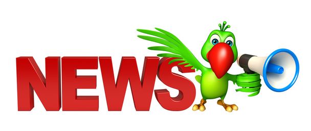 Papagei-Zeichentrickfigur mit Lautsprecher und Nachrichtenschild - Foto, Bild