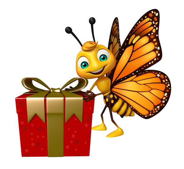 Spaß Schmetterling Cartoon-Figur mit Geschenkbox  - Foto, Bild