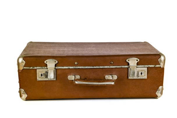 Old shabby brown suitcase with angle bars. - Фото, зображення
