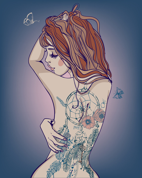 Młoda piękna kobieta z tatuaż - Wektor, obraz