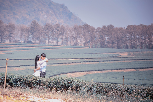 Ασίας ζευγάρι αγκαλιάζοντας στη φυτεία τσαγιού - Φωτογραφία, εικόνα