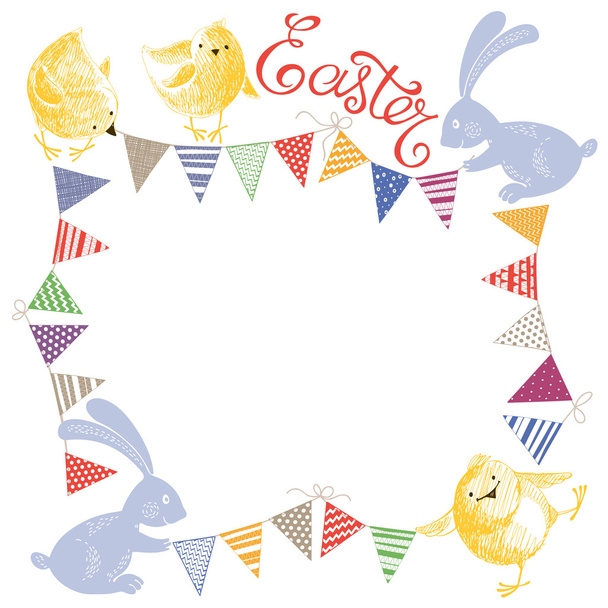chickens and bunnies with bunting flags - Vetor, Imagem