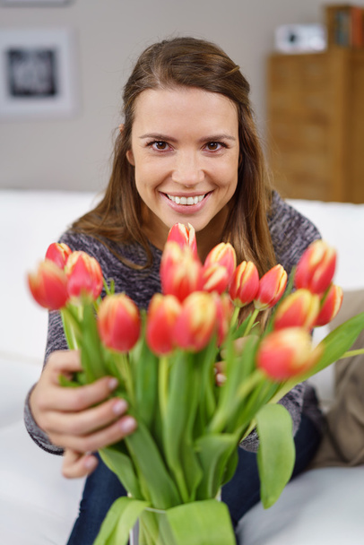 Gorgeous woman with tulip bouquet - Zdjęcie, obraz