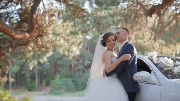 Menyasszony és a vőlegény jelentenek közelében az autó - Felvétel, videó