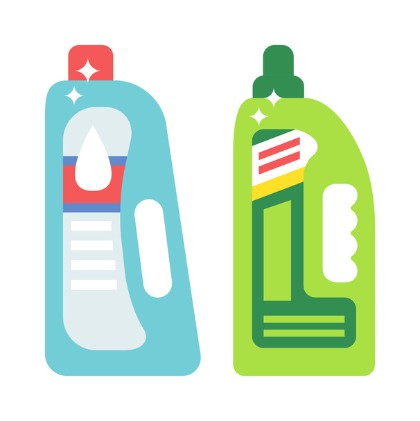 Plastikflaschen von Reinigungsprodukten Haushaltschemie Flachvektor Illustration isoliert auf weißem Hintergrund. - Vektor, Bild