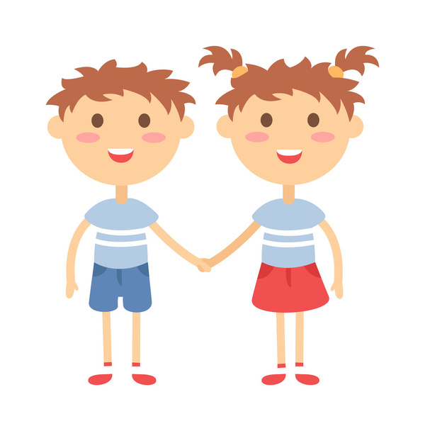 Twins happy kids holding hands boy and girl vector illustration. - ベクター画像
