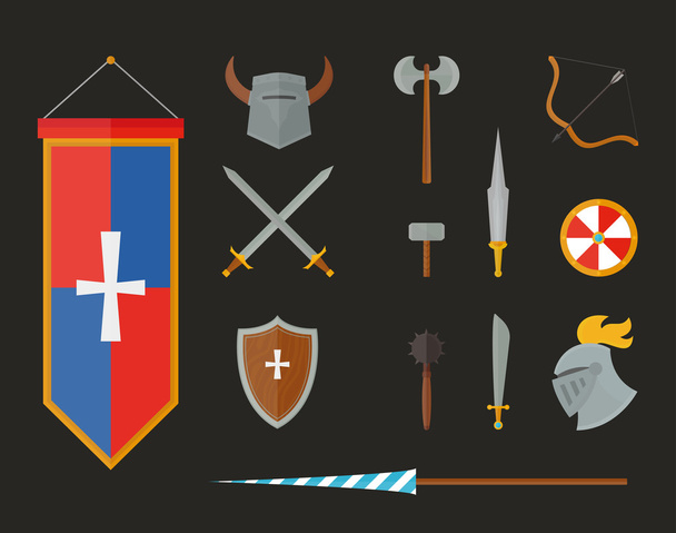 ヘルメット、胸板、盾と剣フラットベクトルイラストを白い背景に隔離した騎士装甲. - ベクター画像