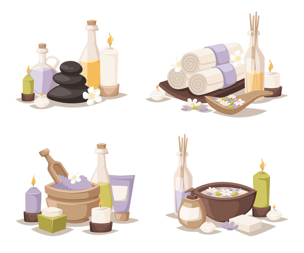 Spa still life icons with water lily and zen stone in serenity pool vector. - Vector, Image