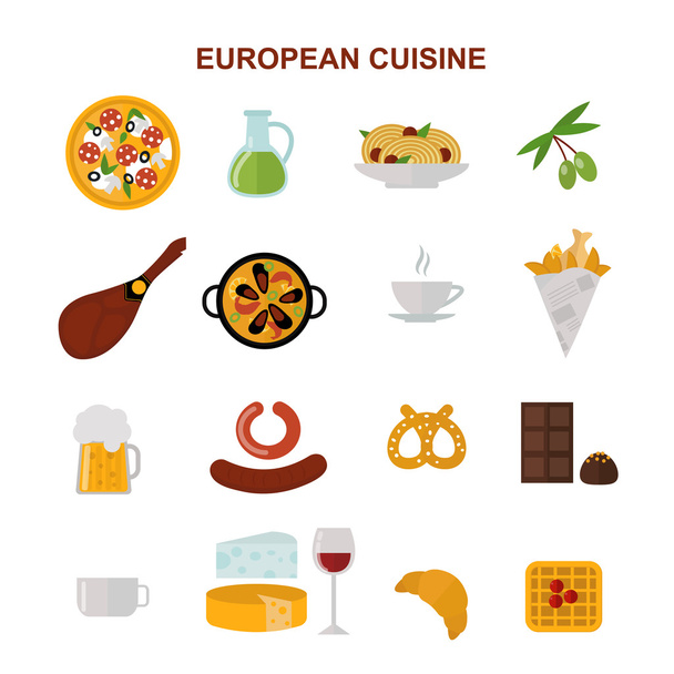 Vista superior mostrando comida europeia e deliciosos elementos ilustração vetorial plana
. - Vetor, Imagem