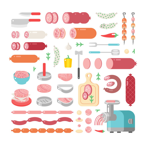 Assortment variety of processed cold meat products vector icons. - Vector, Image