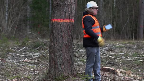 Angry Forest inspecteur praten op smartphone bij laatste boom bij gewiste forest - Video