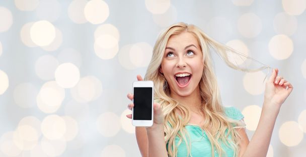 happy young woman or teenage girl with smartphone - Фото, изображение