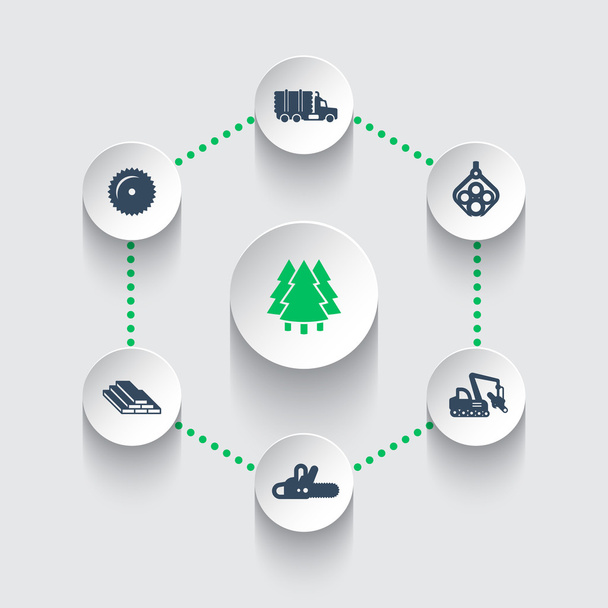 Logging icons, timber, logging truck, tree harvester, lumberjack, truck with timber, wood, lumber, logging, timber industry  - Διάνυσμα, εικόνα