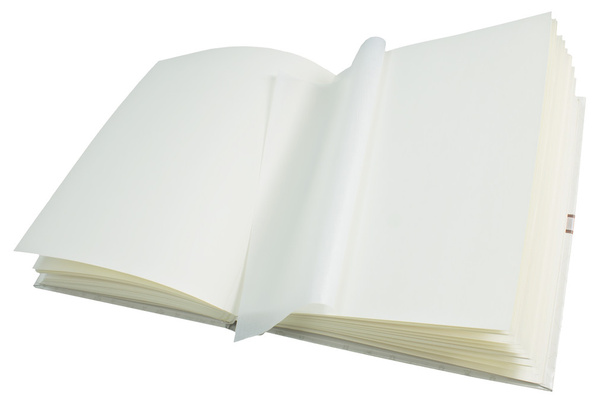 Livre ouvert avec des pages blanches sur un fond blanc
 - Photo, image