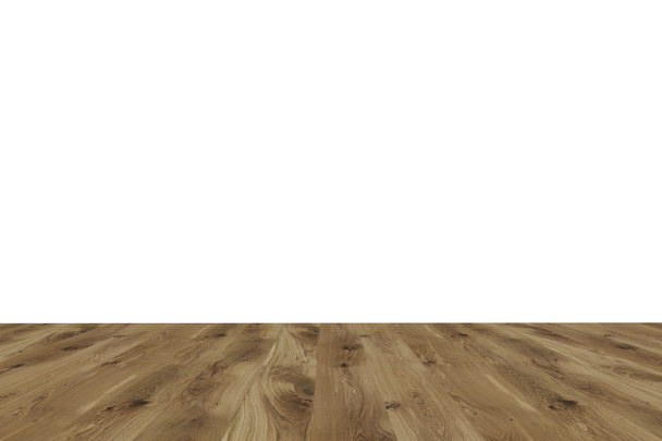 Brown wooden floor, white wall. Front view. Concept of background. 3D rendering. - Fotoğraf, Görsel