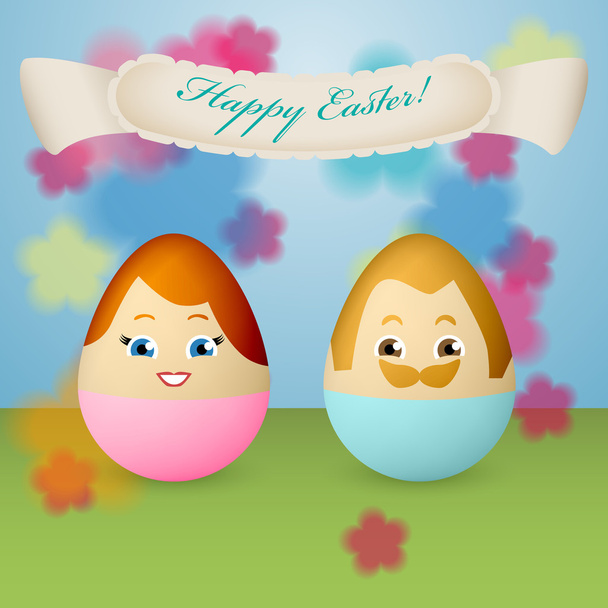 Postcard for Ester with eggs with painted faces - Vector, Image