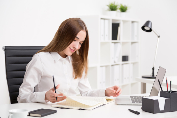 Smiling young businesswoman studying notes. Office background. Concept of work. - Zdjęcie, obraz