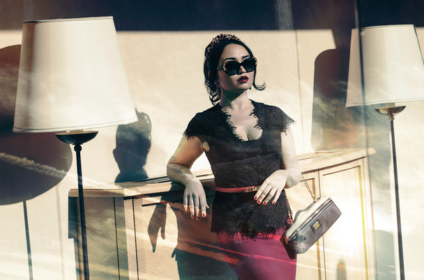 Double exposure of fashionable woman and cloudscape - Foto, Imagem