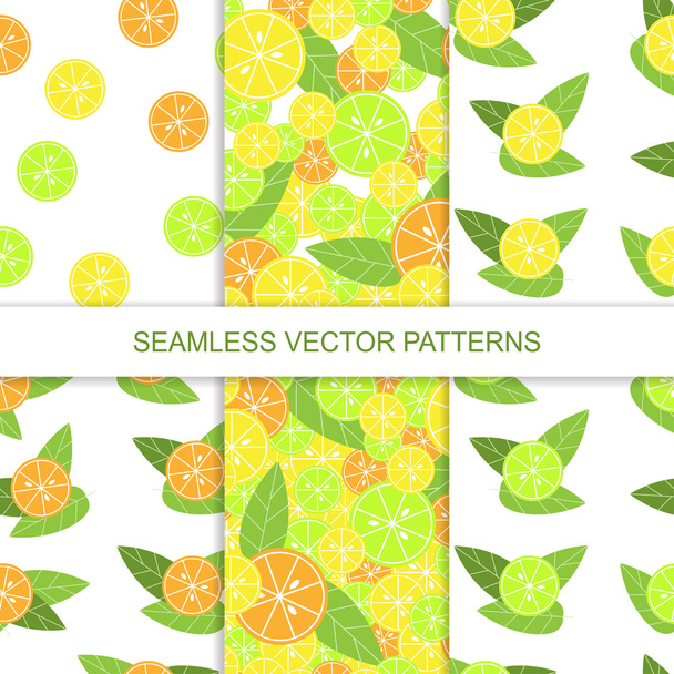 柑橘類のシームレスなパターンのセットです。レモンのパターン。ライムのパターン。オレンジのパターン。ベクトル図 - ベクター画像