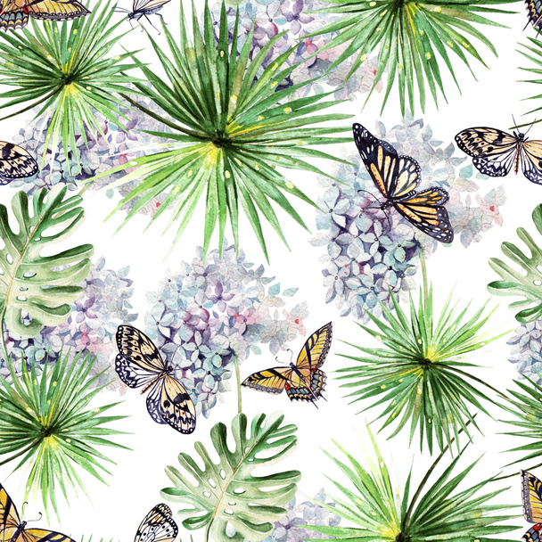 padrão de aquarela com belas borboletas e folhas tropicais
. - Foto, Imagem