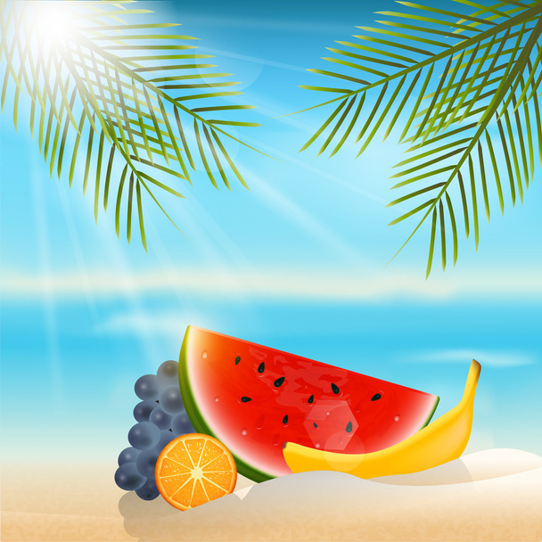  Καλοκαίρι φόντο με φρούτα. Πορτοκάλι, μπανάνα, σταφύλι και watermel - Διάνυσμα, εικόνα