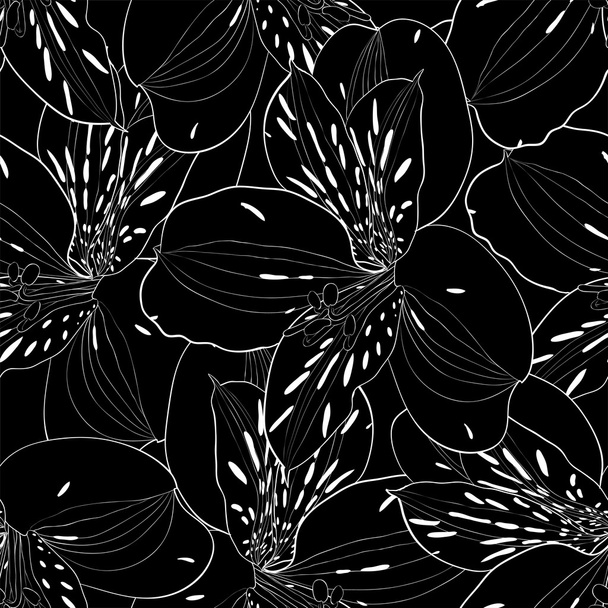 beautiful black and white seamless pattern in alstroemeria with contours. - Vektör, Görsel
