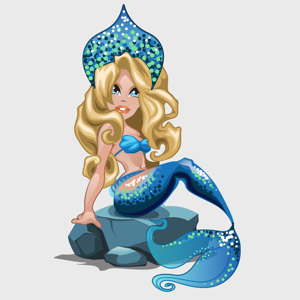 Cute mermaid blonde in blue suit and crown - Vecteur, image