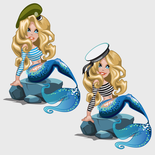 Two mermaids in sailor suits, character for design - Вектор,изображение