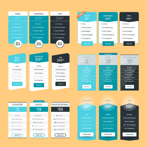 Set of Pricing Table Design Templates for Websites and Applications. Flat Style Vector Illustration - Vektör, Görsel