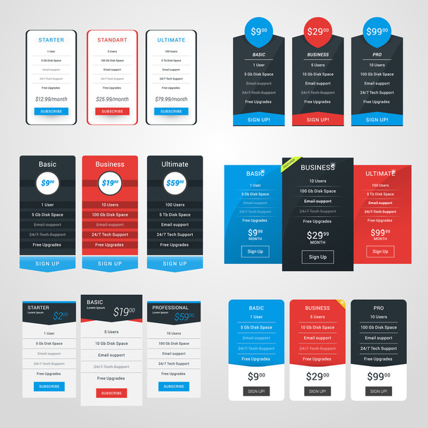 Set of Pricing Table Design Templates for Websites and Applications. Flat Style Vector Illustration - Вектор,изображение