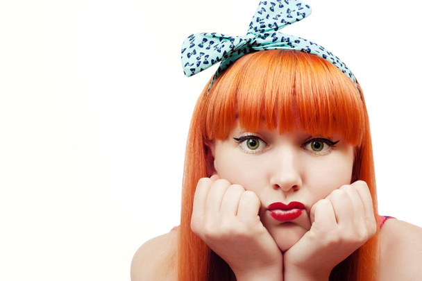 woman with pin-up make-up pout her lips - 写真・画像