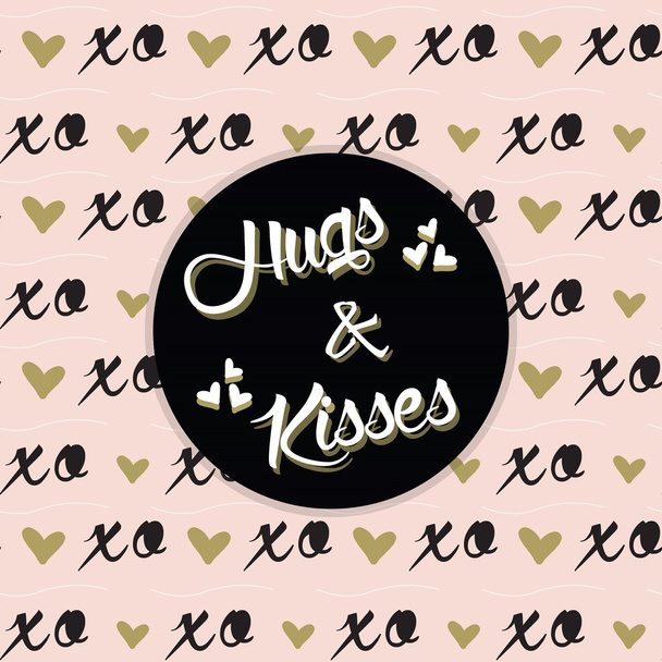 抱擁し、キスをするトレンディなピンク Xo パターンに黒色の丸ラベル - ベクター画像